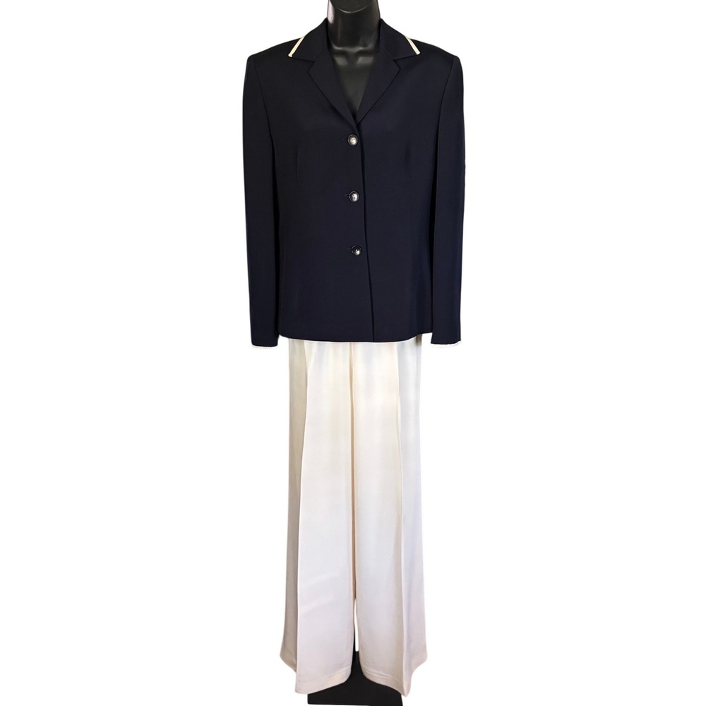Vtg y2k Ann Taylor 100% Silk 2 Piece Set Blazer Wide Leg Pants Sz 8 Navy Ivory